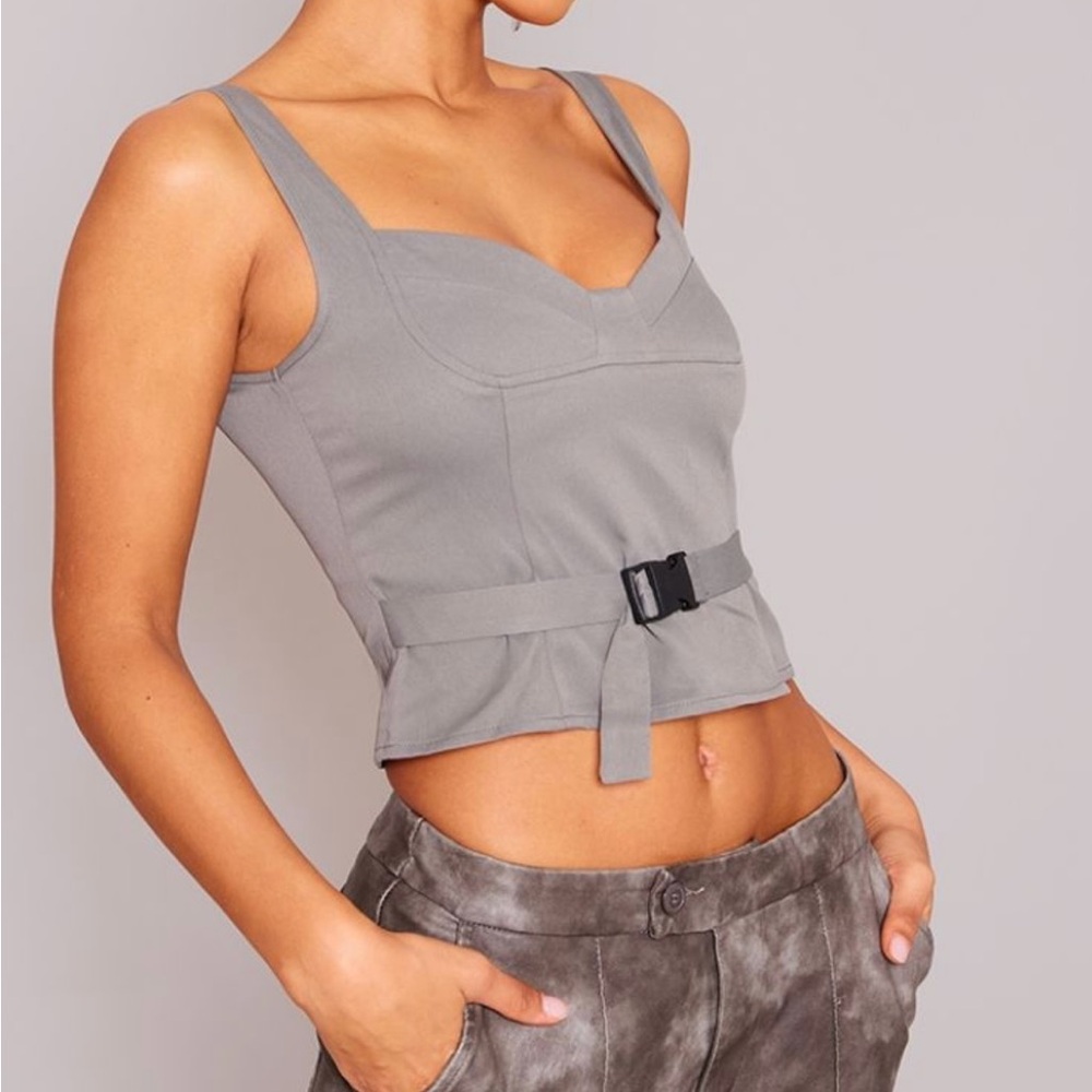 PLT Woven front buckle bust detail top Grey Size 8 NWT